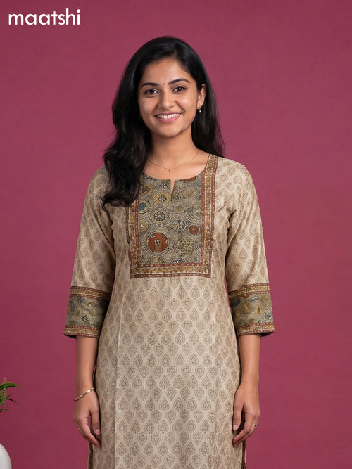 Beige and Green Art Silk Printed & Simple Embroidery Work Straight Suit