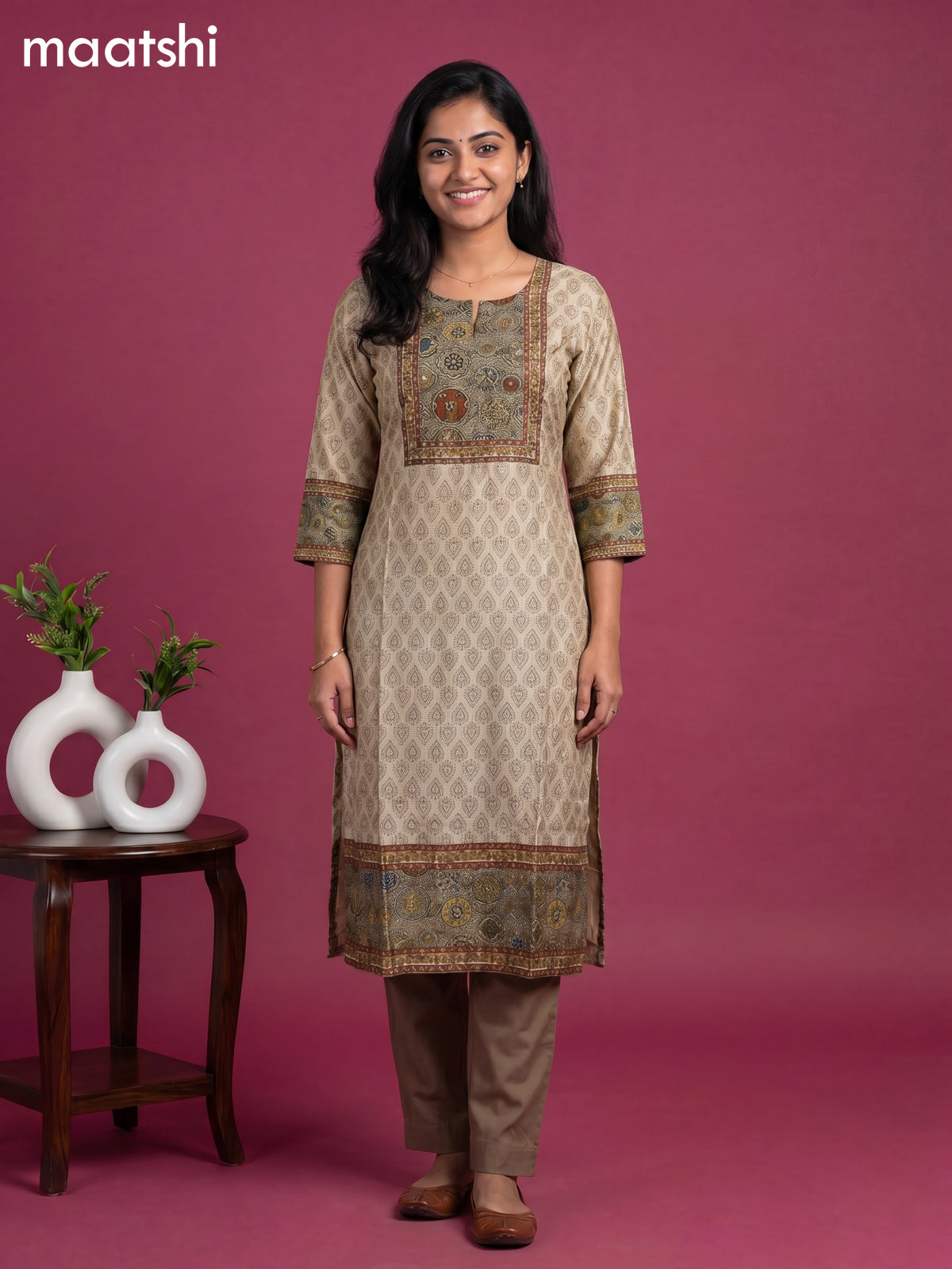 Beige and Green Art Silk Printed & Simple Embroidery Work Straight Suit