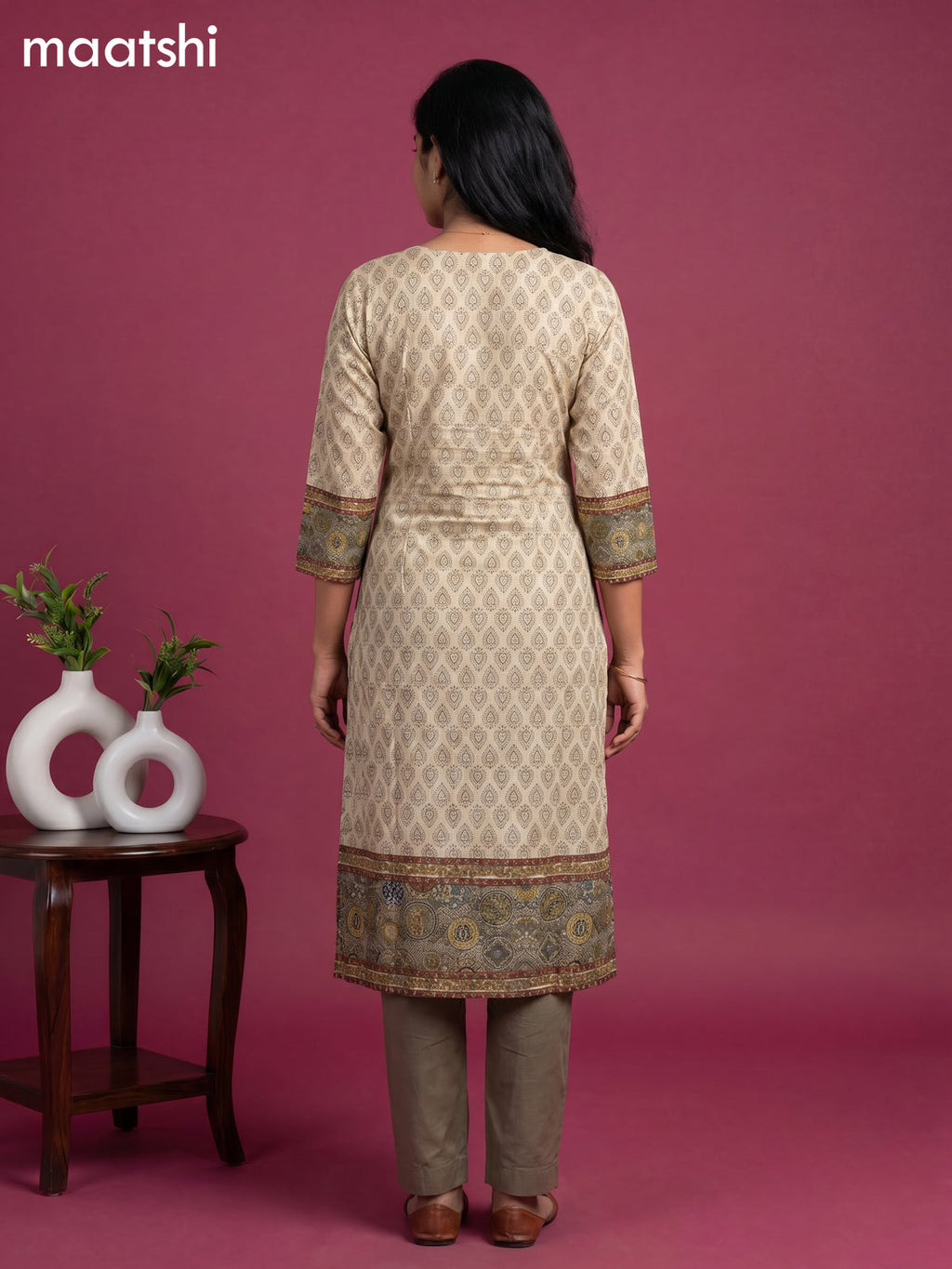 Beige and Green Art Silk Printed & Simple Embroidery Work Straight Suit