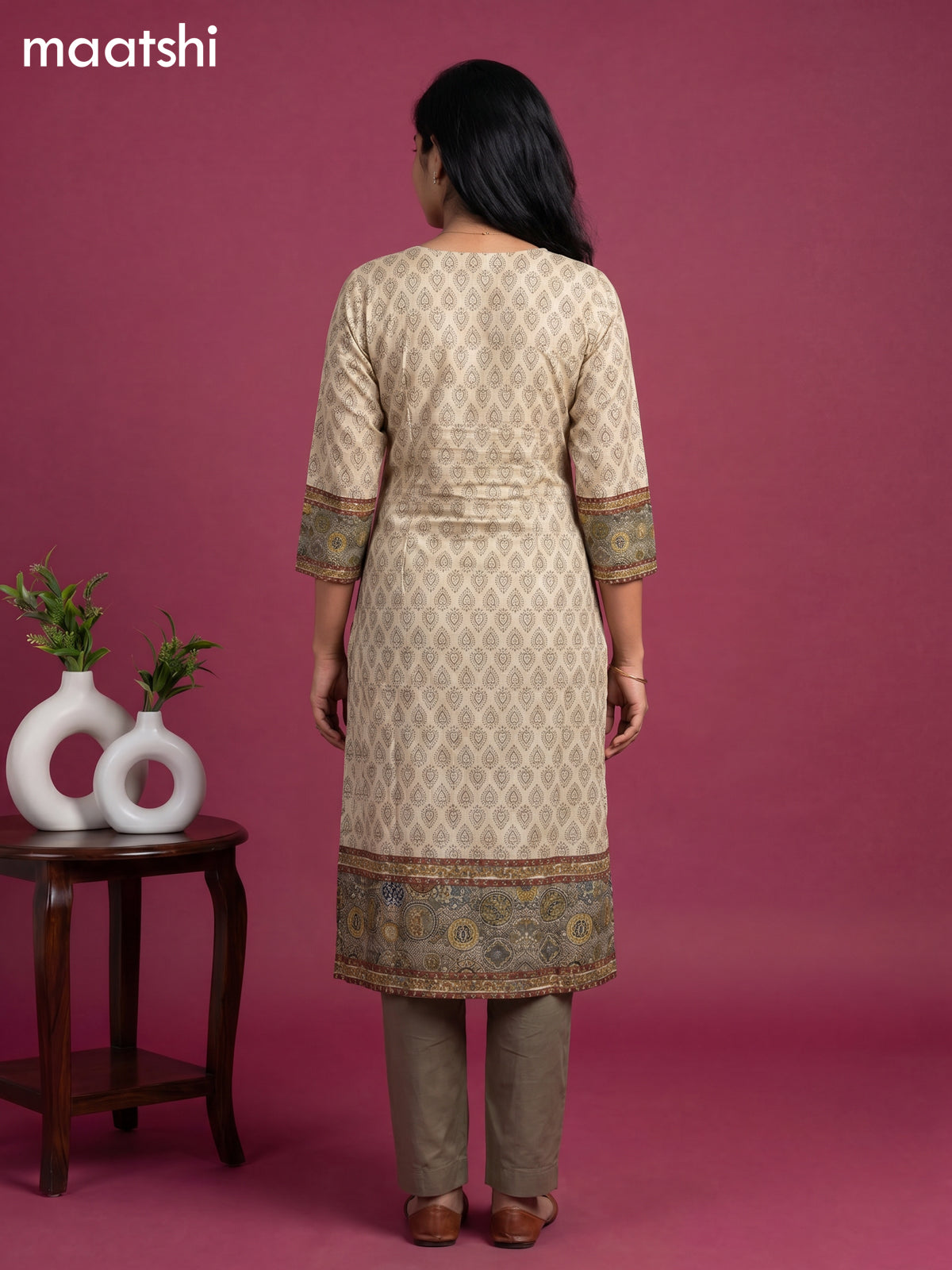 Beige and Green Art Silk Printed & Simple Embroidery Work Straight Suit