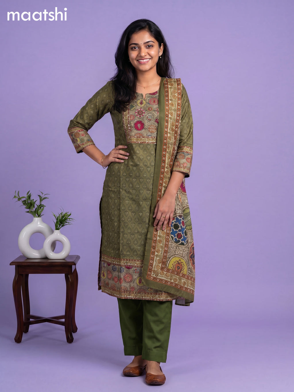 Mehandhi Green and Elaichi Green Art Silk Printed & Simple Embroidery Work Straight Suit