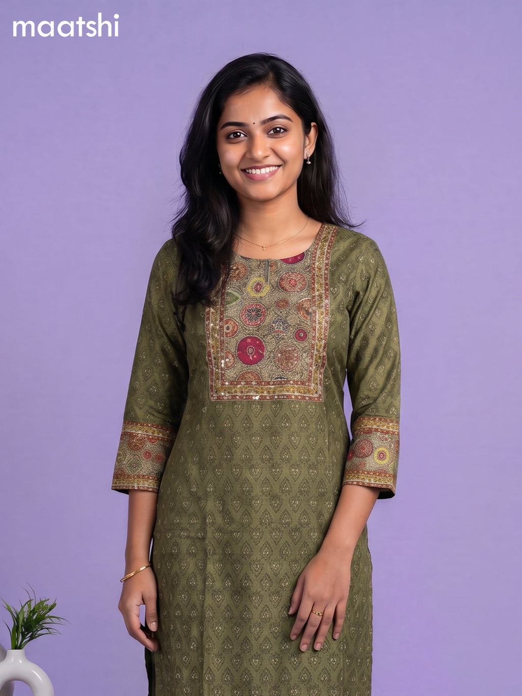Mehandhi Green and Elaichi Green Art Silk Printed & Simple Embroidery Work Straight Suit