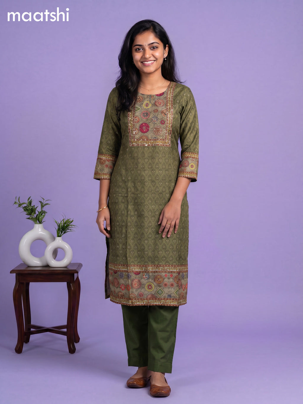 Mehandhi Green and Elaichi Green Art Silk Printed & Simple Embroidery Work Straight Suit