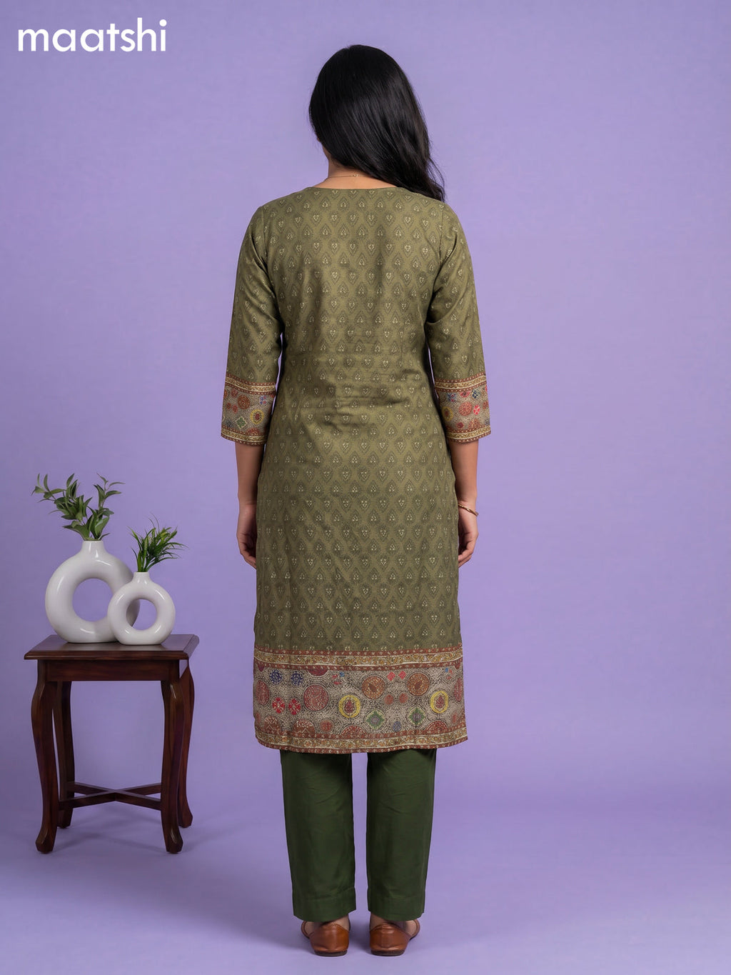Mehandhi Green and Elaichi Green Art Silk Printed & Simple Embroidery Work Straight Suit