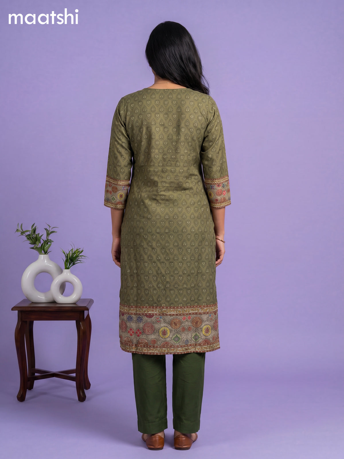 Mehandhi Green and Elaichi Green Art Silk Printed & Simple Embroidery Work Straight Suit