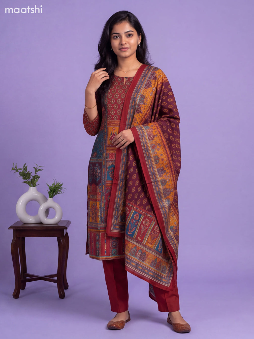 Maroon and Mustard Yellow Modal Printed Straight Suit