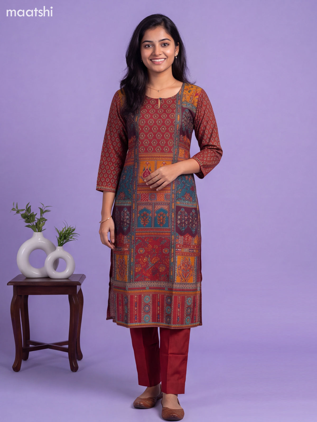 Maroon and Mustard Yellow Modal Printed Straight Suit