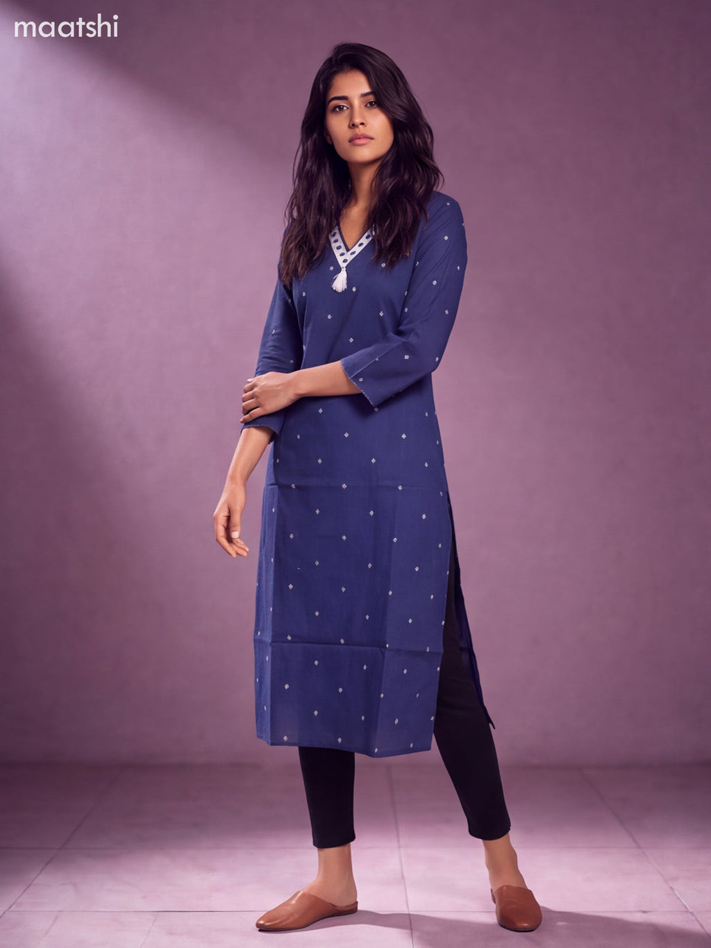 Blue Cotton Embroidery Work Straight Kurti