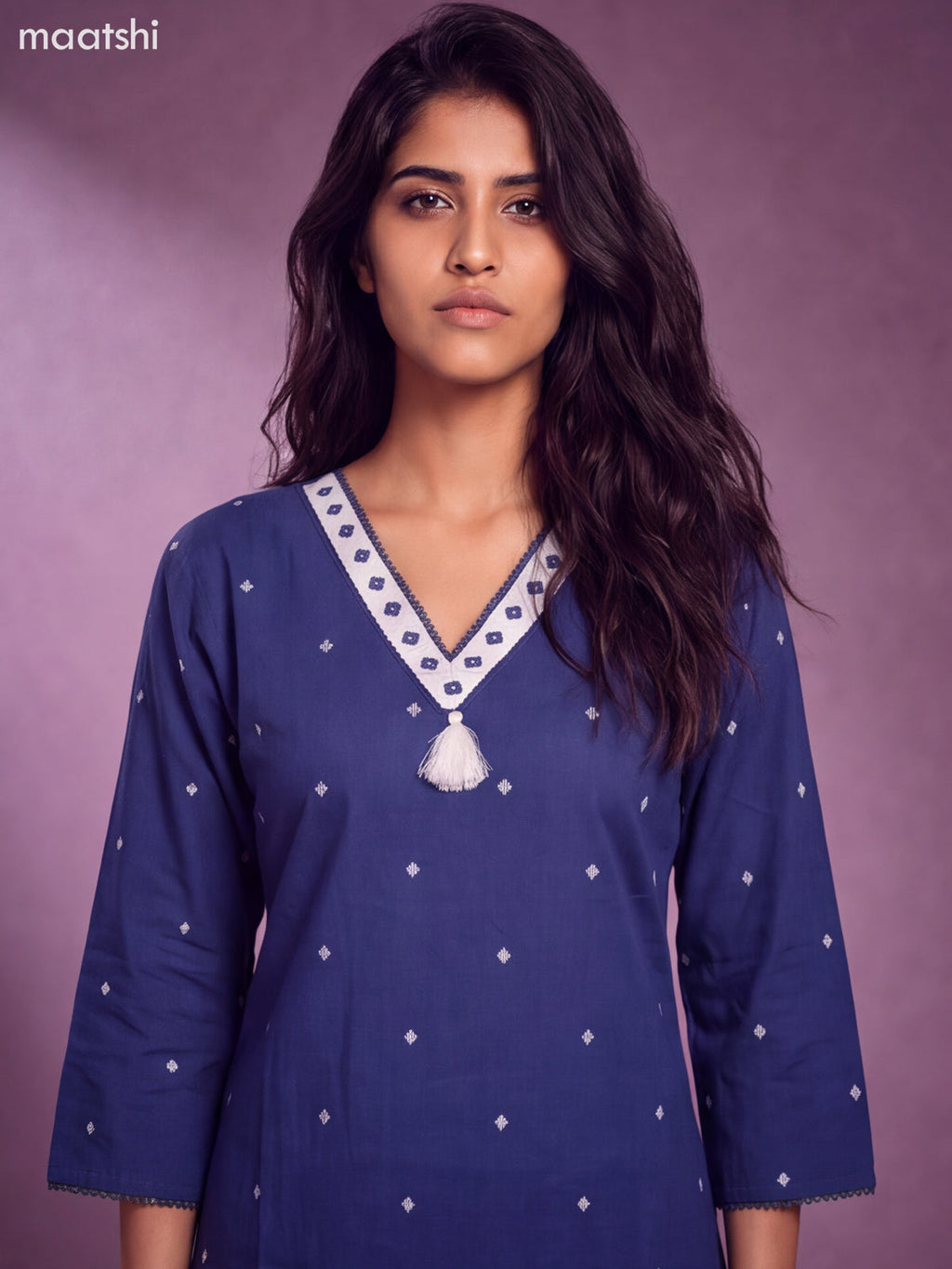 Blue Cotton Embroidery Work Straight Kurti
