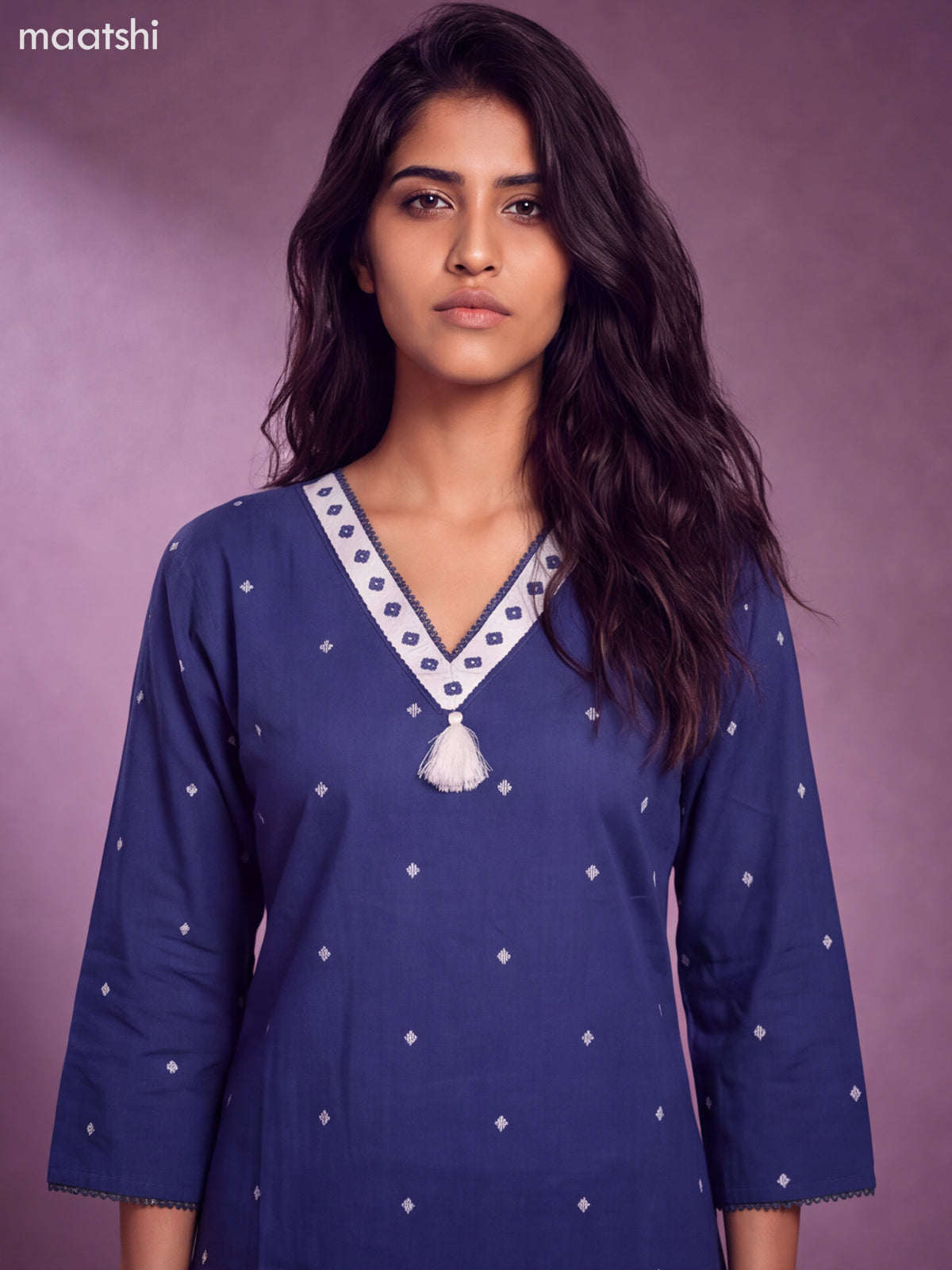 Blue Cotton Embroidery Work Straight Kurti