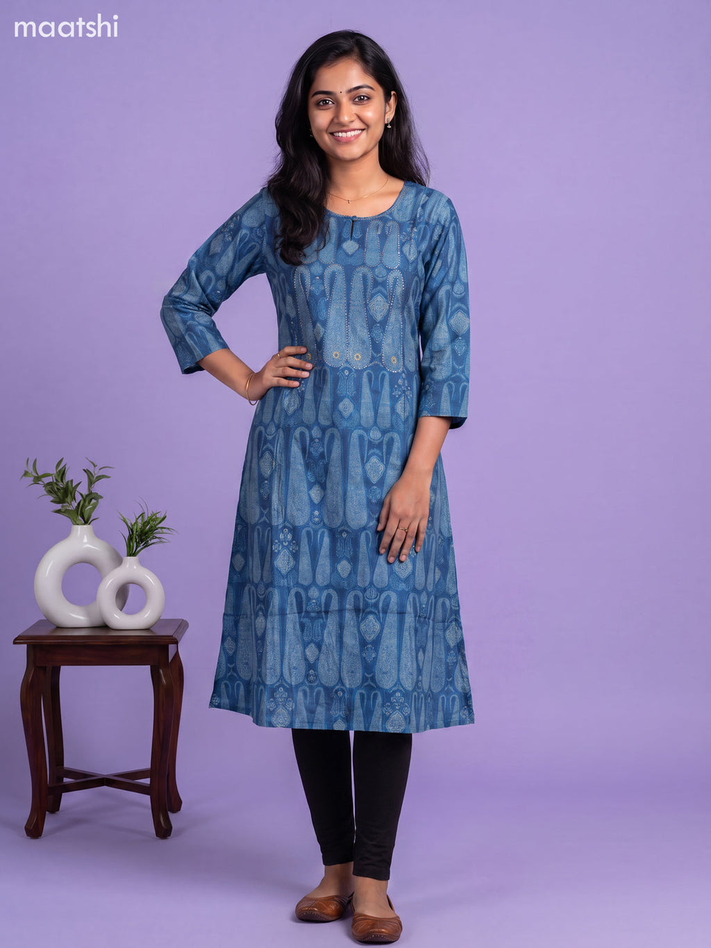 Blue Modal Paisley Printed & Embroidery Work A-Line Kurti