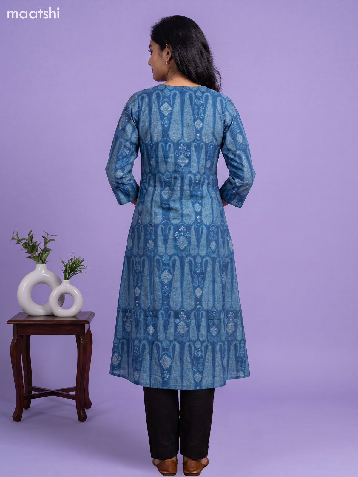 Blue Modal Paisley Printed & Embroidery Work A-Line Kurti