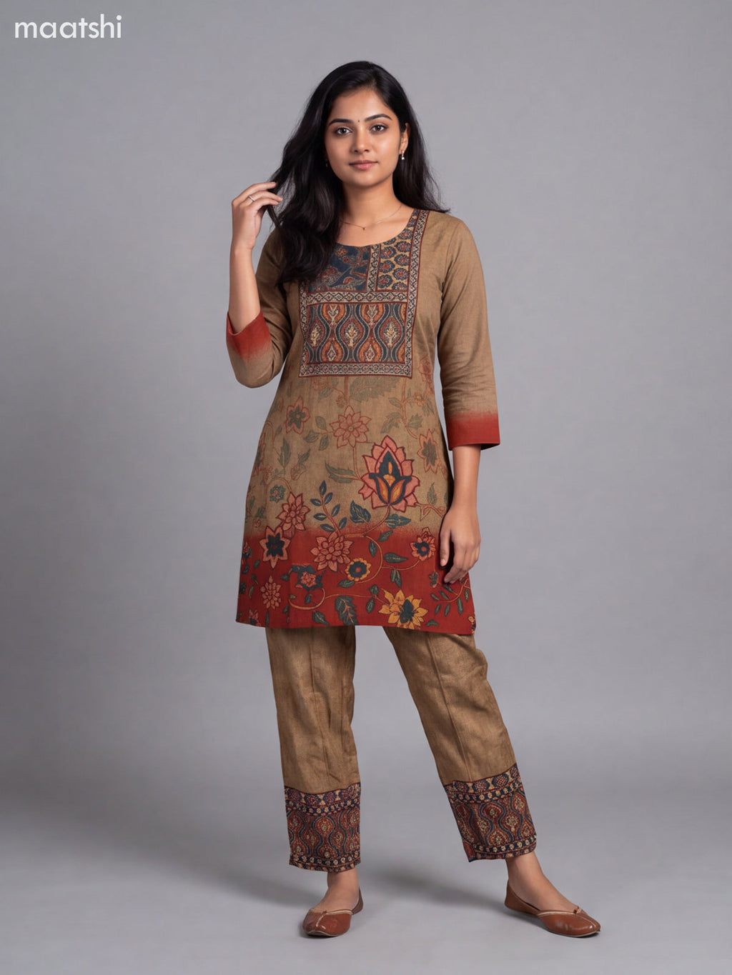 Dark Sandal Muslin Printed & Embroidery Short Co-Ord Set