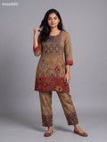 Dark Sandal Muslin Printed & Embroidery Short Co-Ord Set