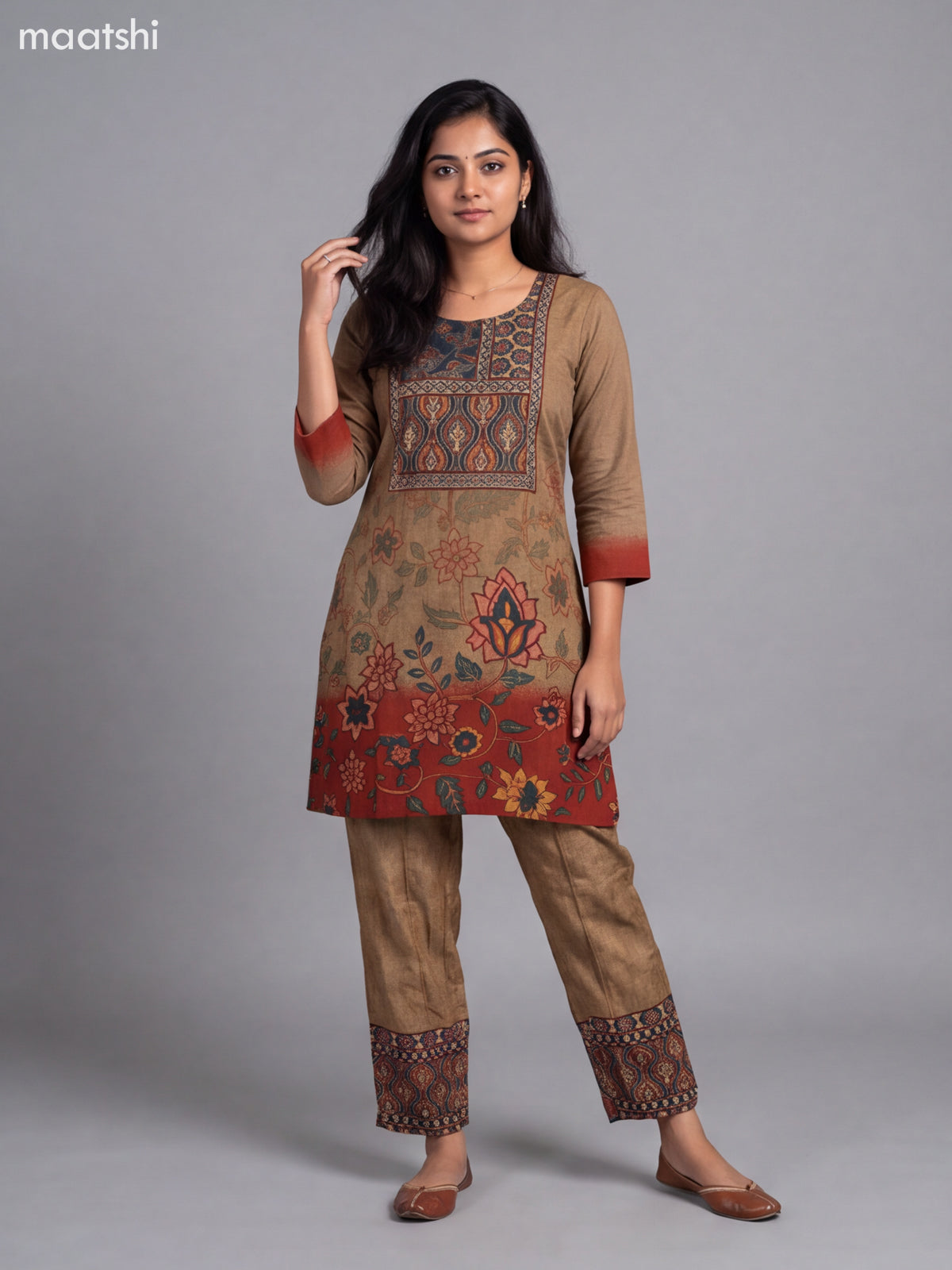 Dark Sandal Muslin Printed & Embroidery Short Co-Ord Set