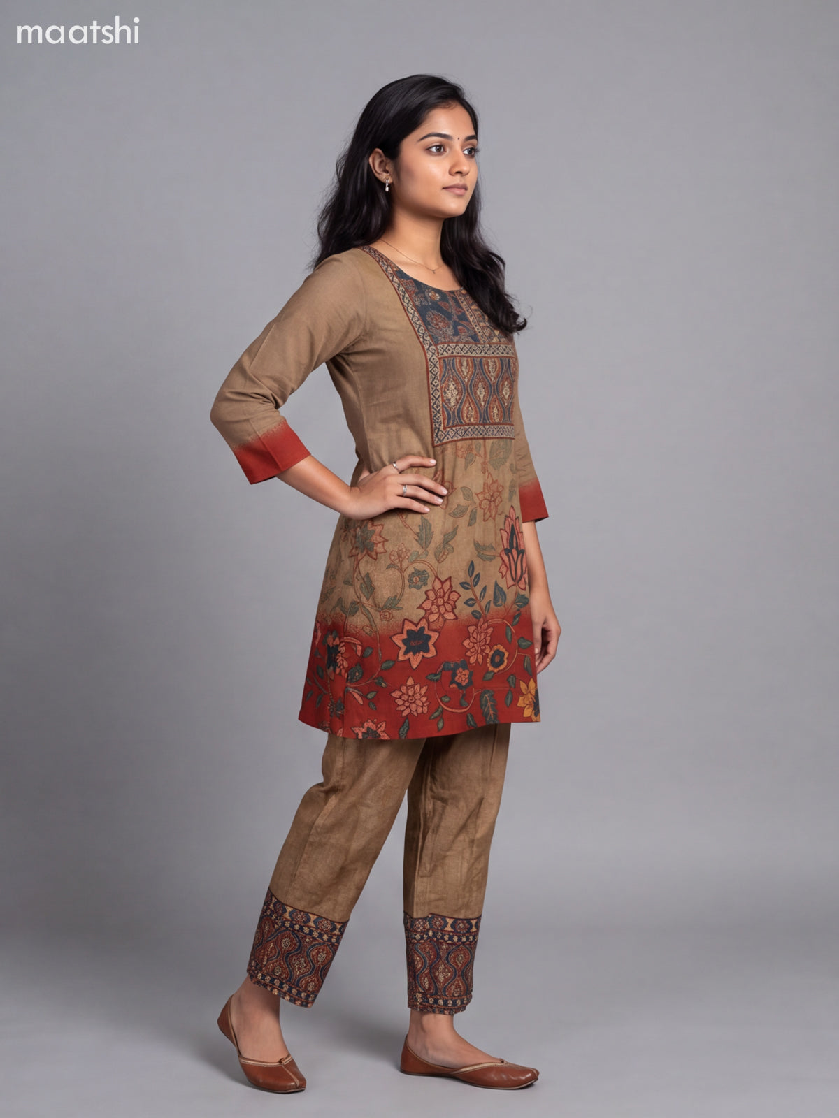 Dark Sandal Muslin Printed & Embroidery Short Co-Ord Set