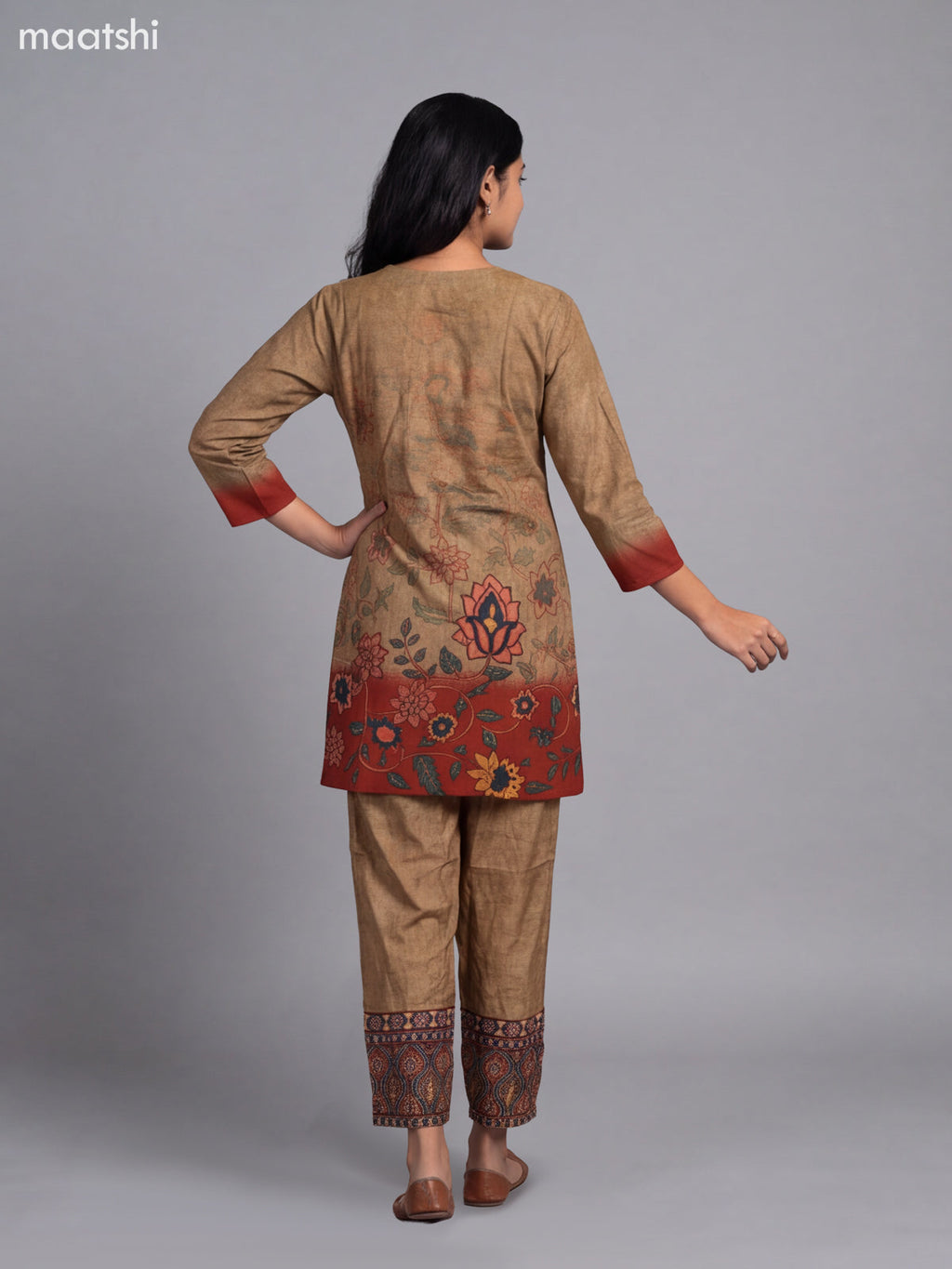 Dark Sandal Muslin Printed & Embroidery Short Co-Ord Set