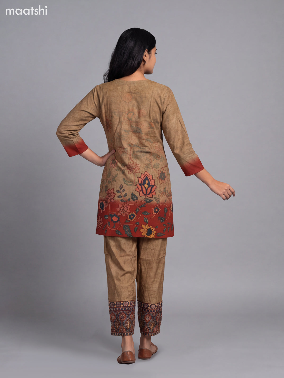 Dark Sandal Muslin Printed & Embroidery Short Co-Ord Set
