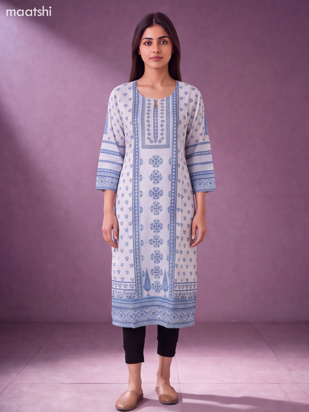 Light Blue Muslin Printed Long Straight Kurti