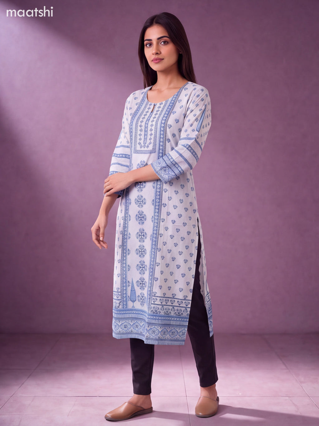 Light Blue Muslin Printed Long Straight Kurti