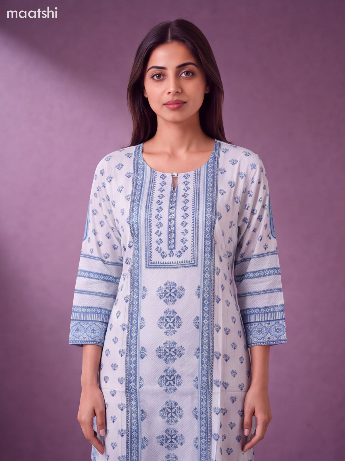 Light Blue Muslin Printed Long Straight Kurti