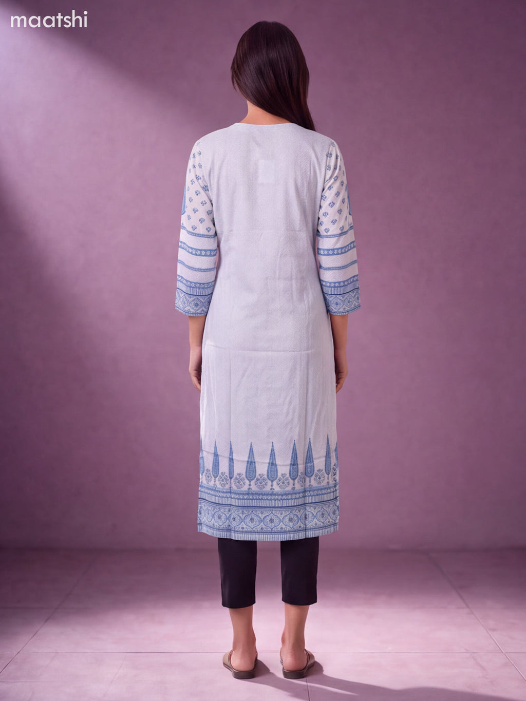 Light Blue Muslin Printed Long Straight Kurti