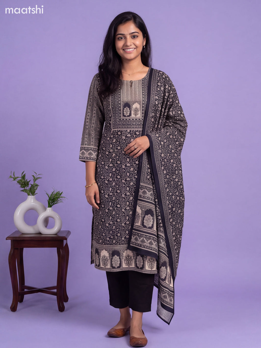 Black Modal Printed & Embroidery Straight Suit