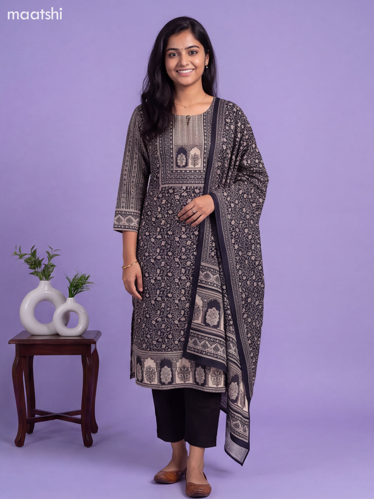 Black Modal Printed & Embroidery Straight Suit