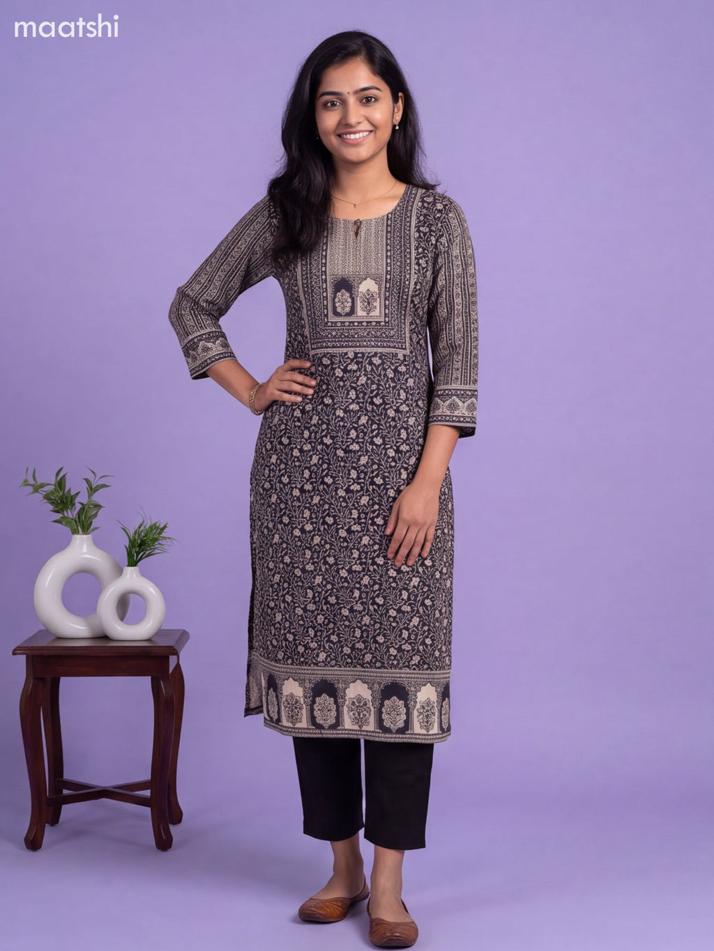 Black Modal Printed & Embroidery Straight Suit