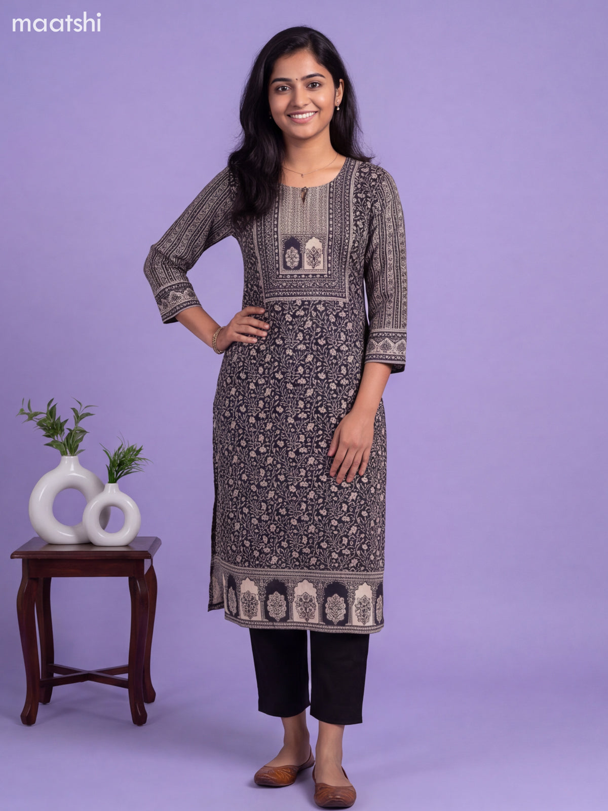 Black Modal Printed & Embroidery Straight Suit