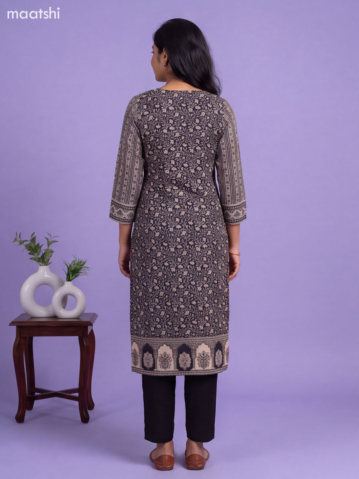 Black Modal Printed & Embroidery Straight Suit