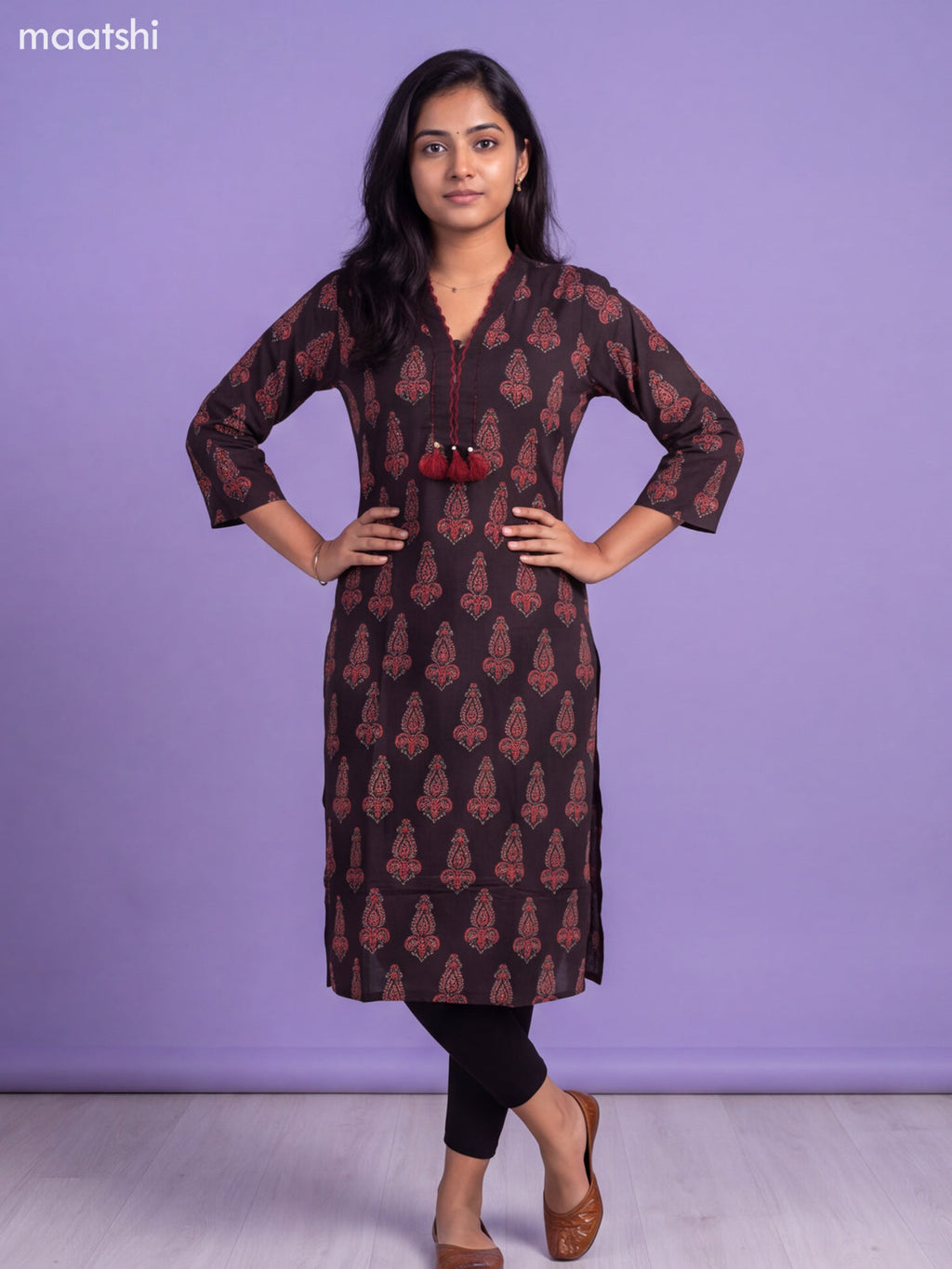 Black Cotton Embroidery Work Straight Kurti