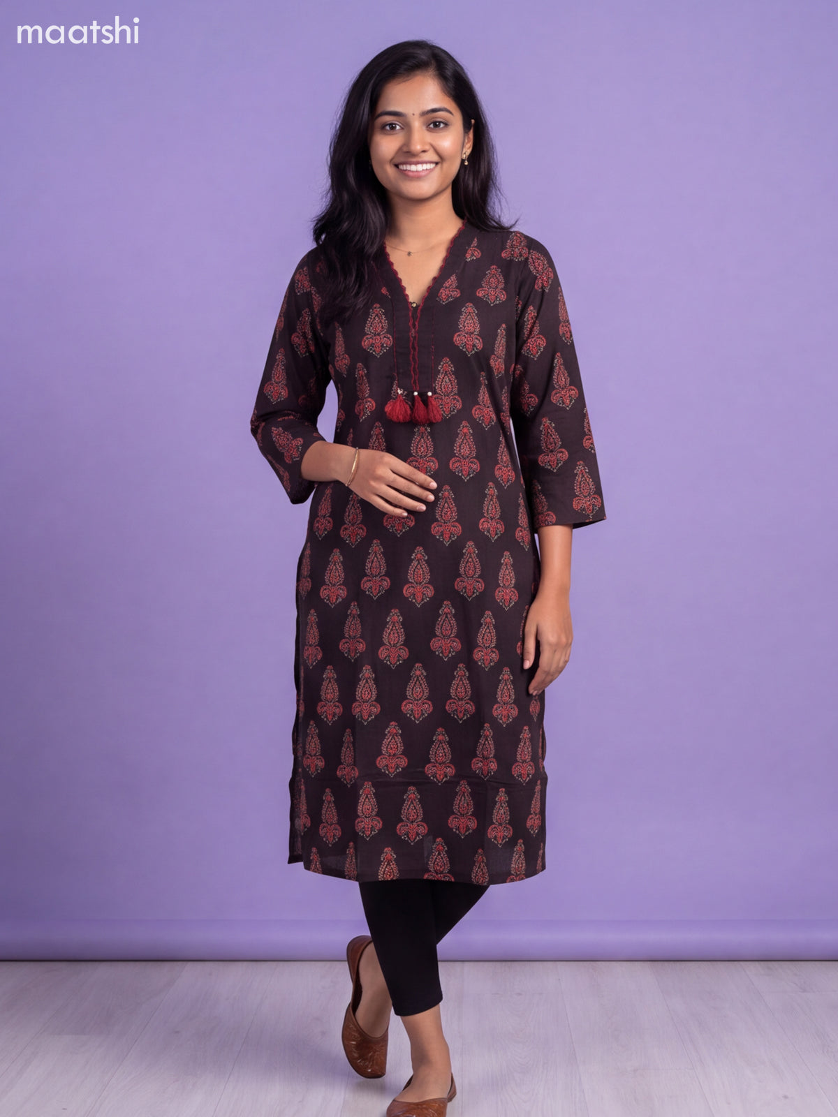 Black Cotton Embroidery Work Straight Kurti