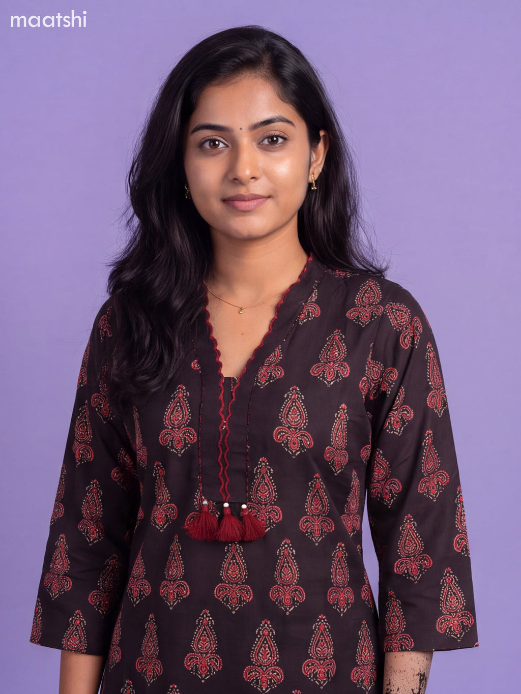 Black Cotton Embroidery Work Straight Kurti