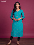 Teal Blue Cotton Embroidery Work Straight Kurti