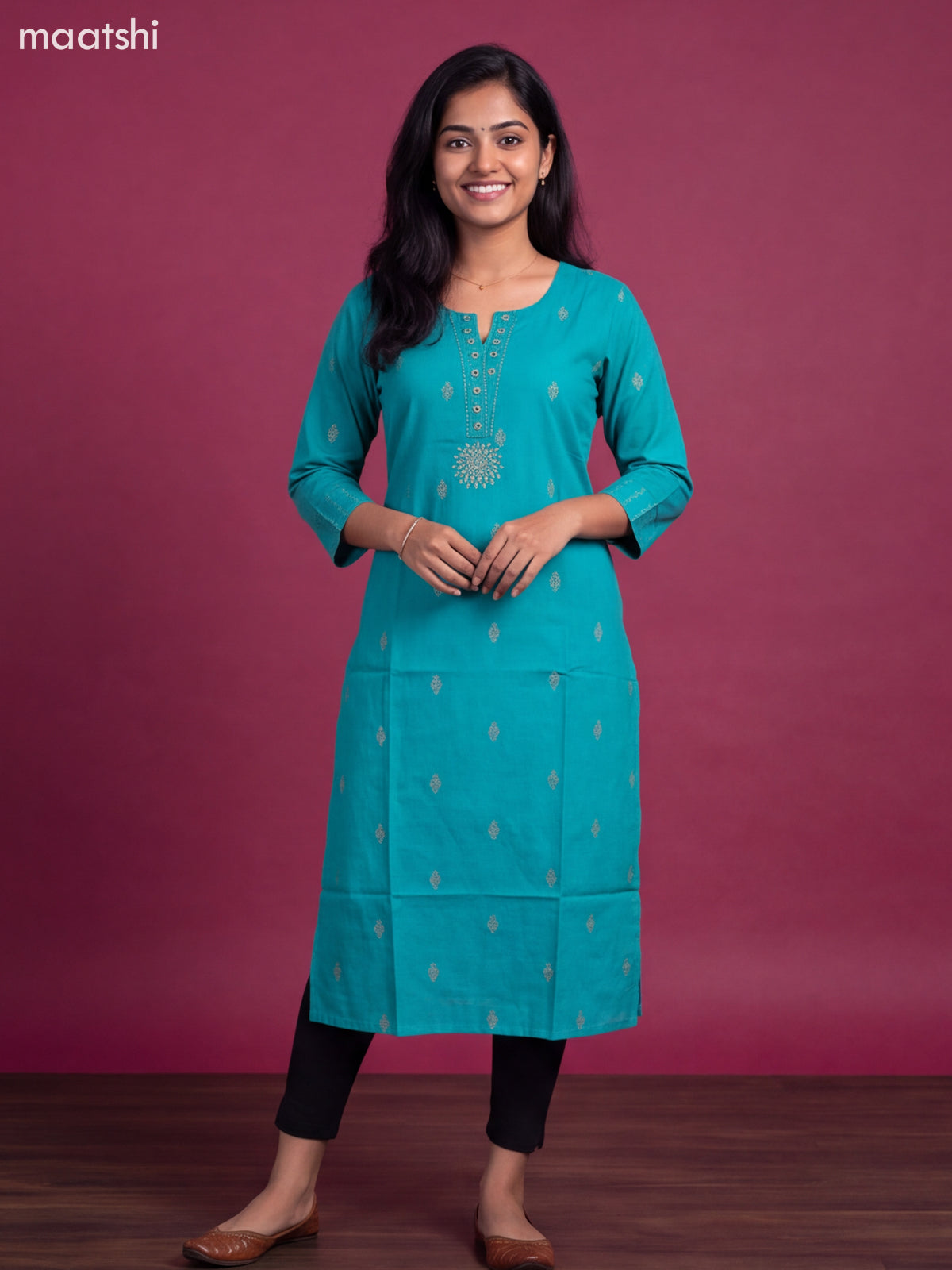 Teal Blue Cotton Embroidery Work Straight Kurti