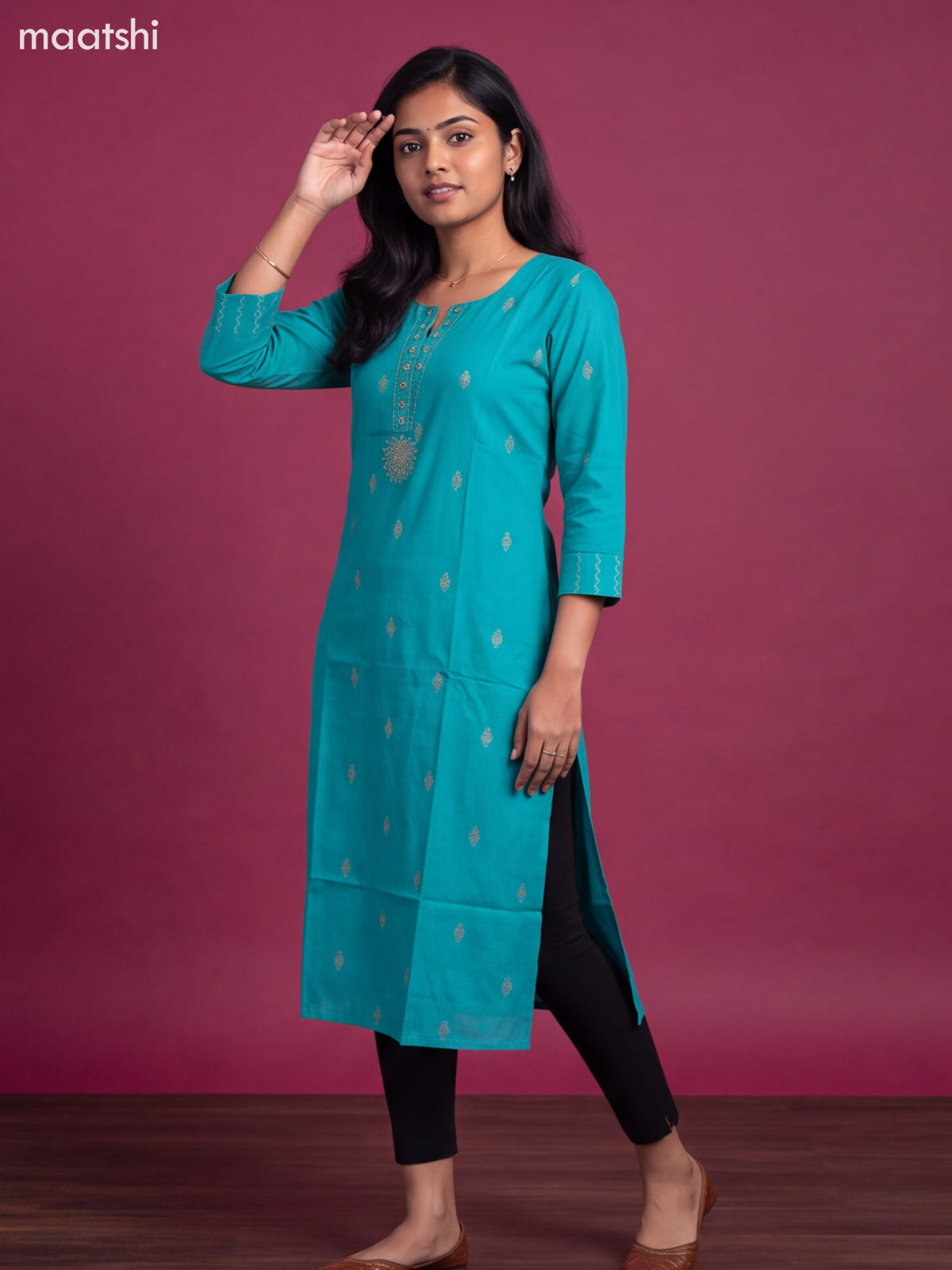 Teal Blue Cotton Embroidery Work Straight Kurti