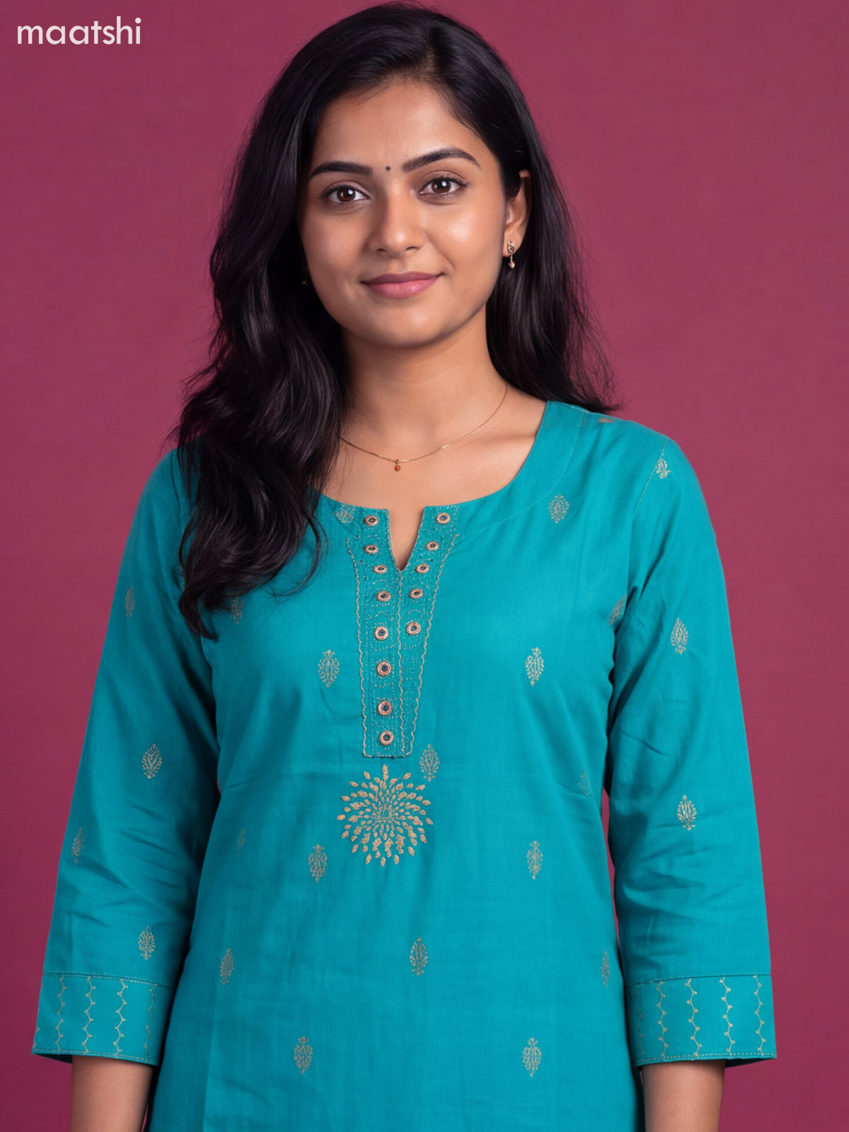 Teal Blue Cotton Embroidery Work Straight Kurti