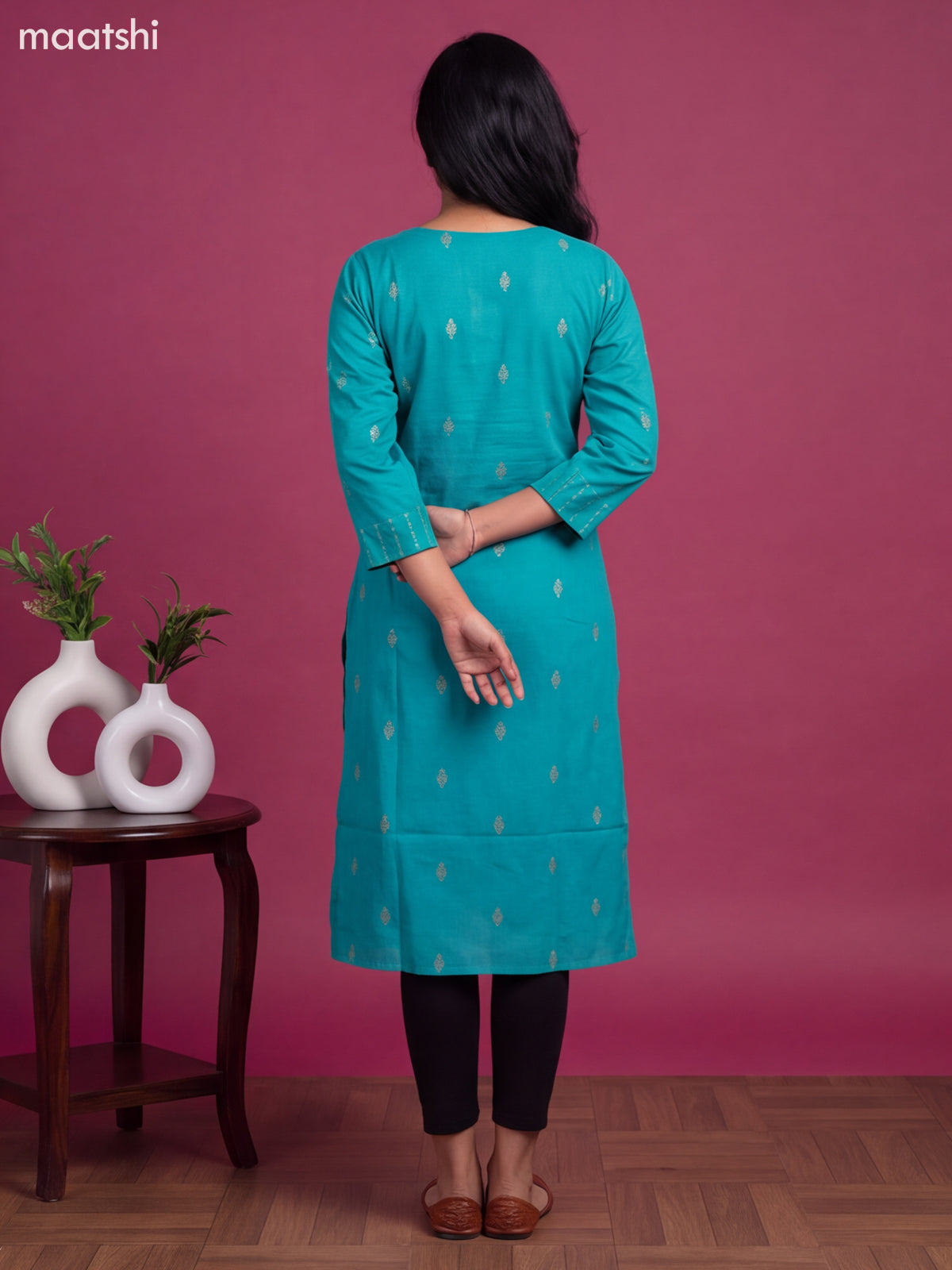 Teal Blue Cotton Embroidery Work Straight Kurti