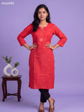 Redish Pink Cotton Embroidery Work Straight Kurti