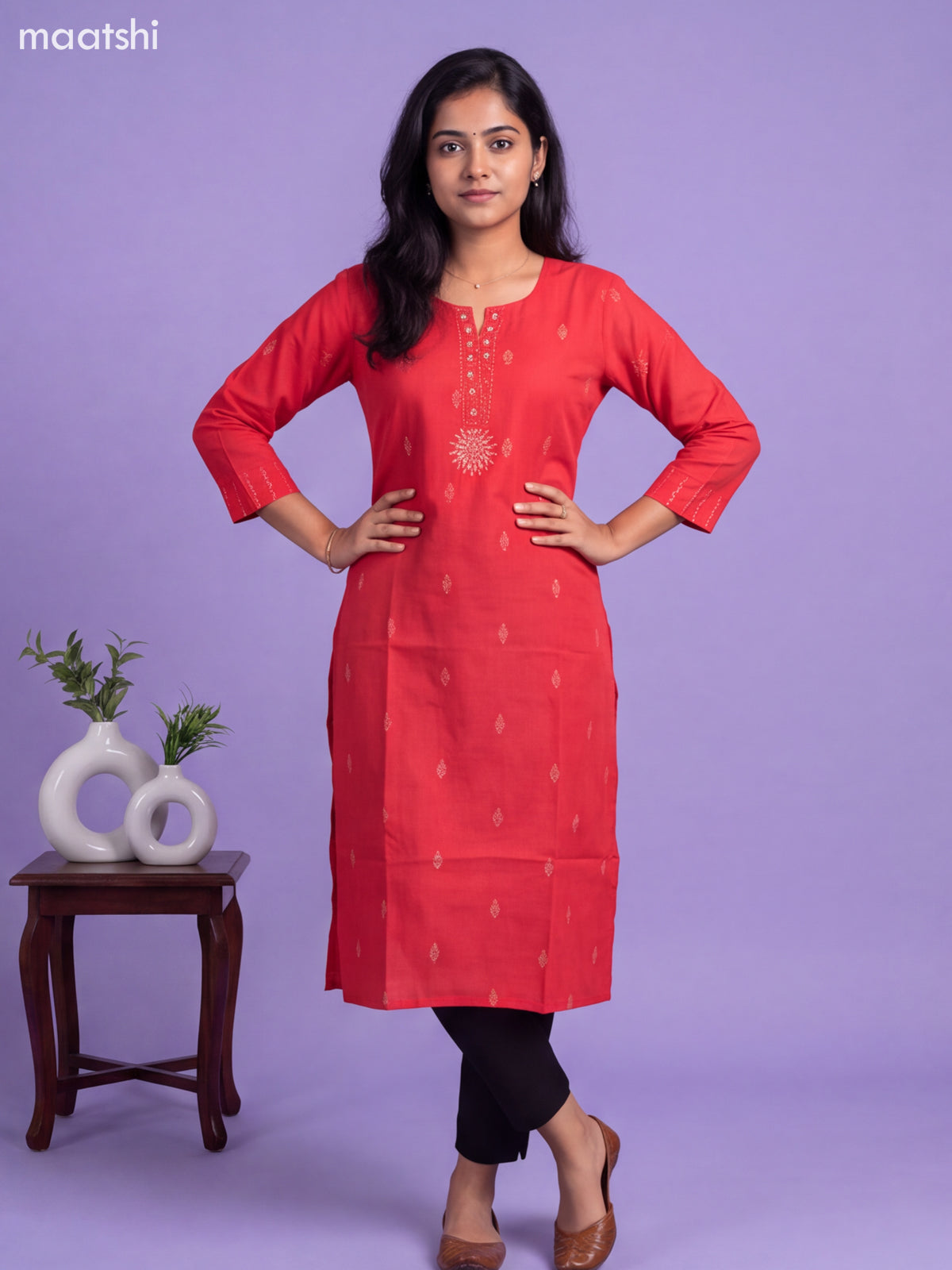 Redish Pink Cotton Embroidery Work Straight Kurti