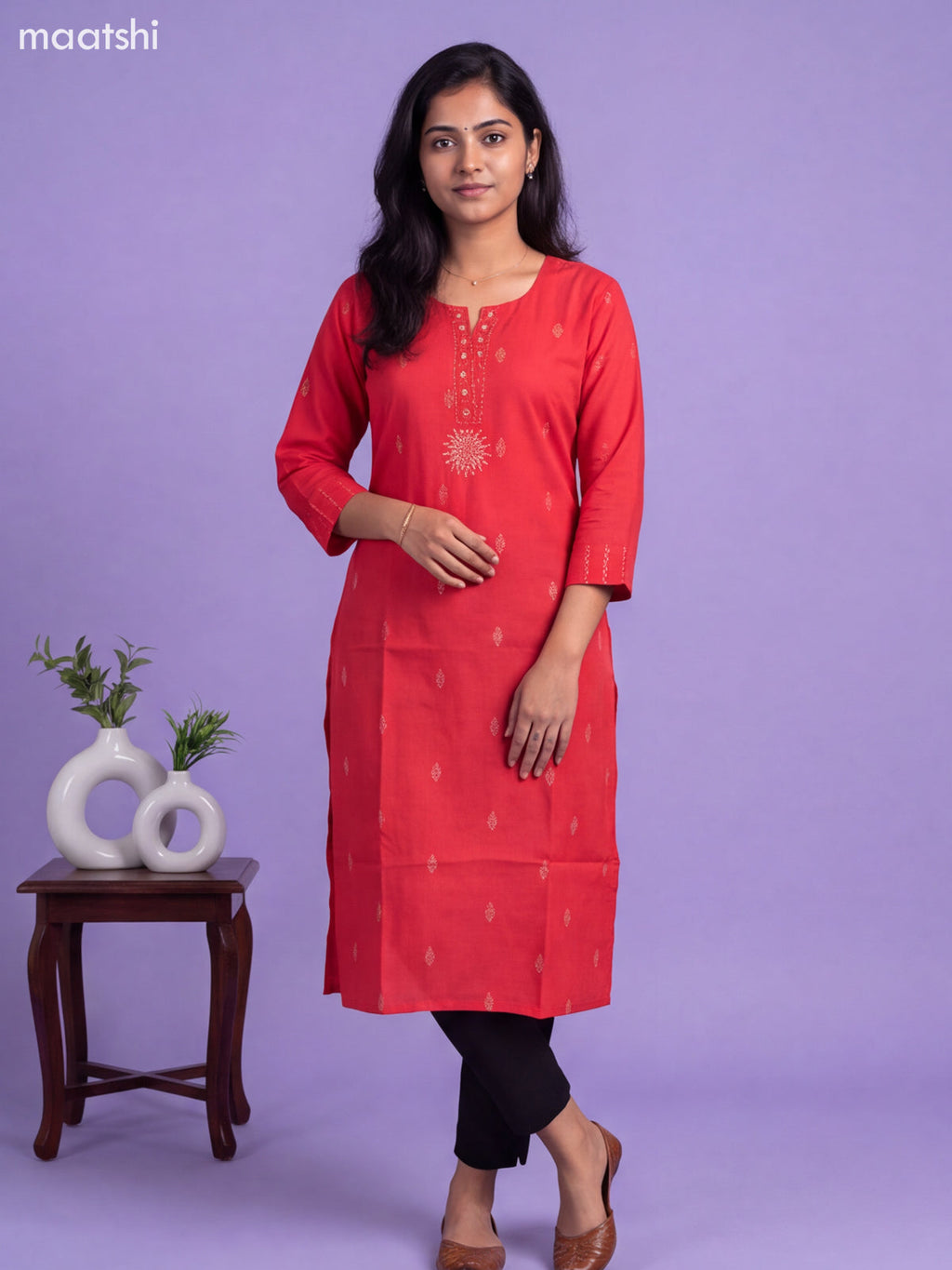 Redish Pink Cotton Embroidery Work Straight Kurti