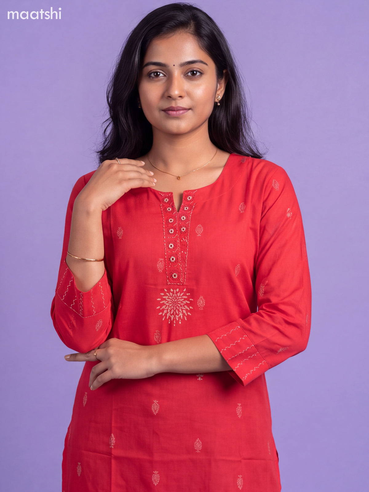 Redish Pink Cotton Embroidery Work Straight Kurti