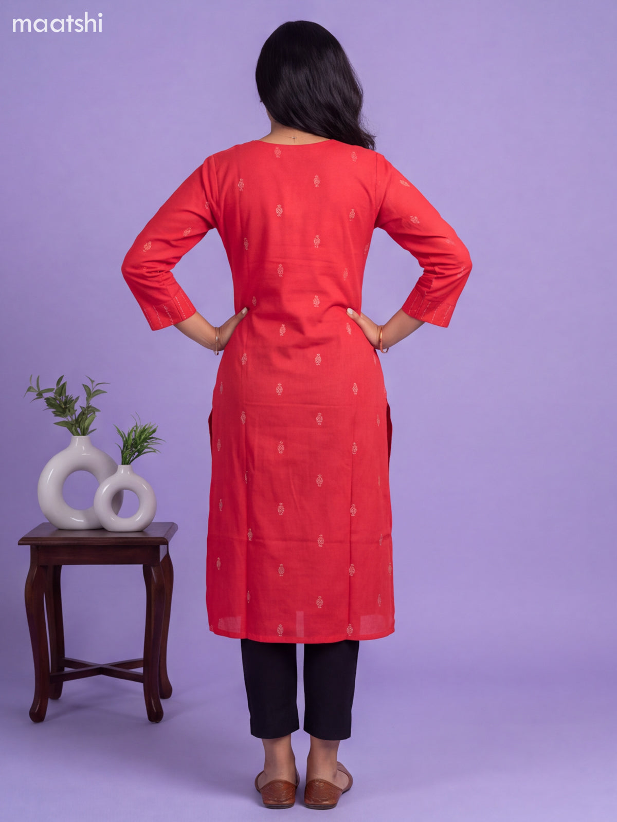 Redish Pink Cotton Embroidery Work Straight Kurti
