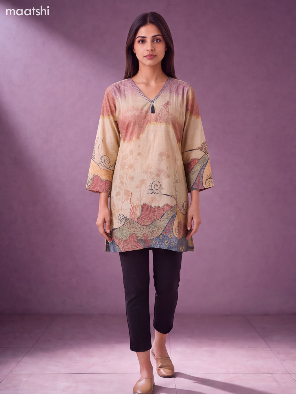 Cream Modal Printed & Embroidery Work Short Kurti