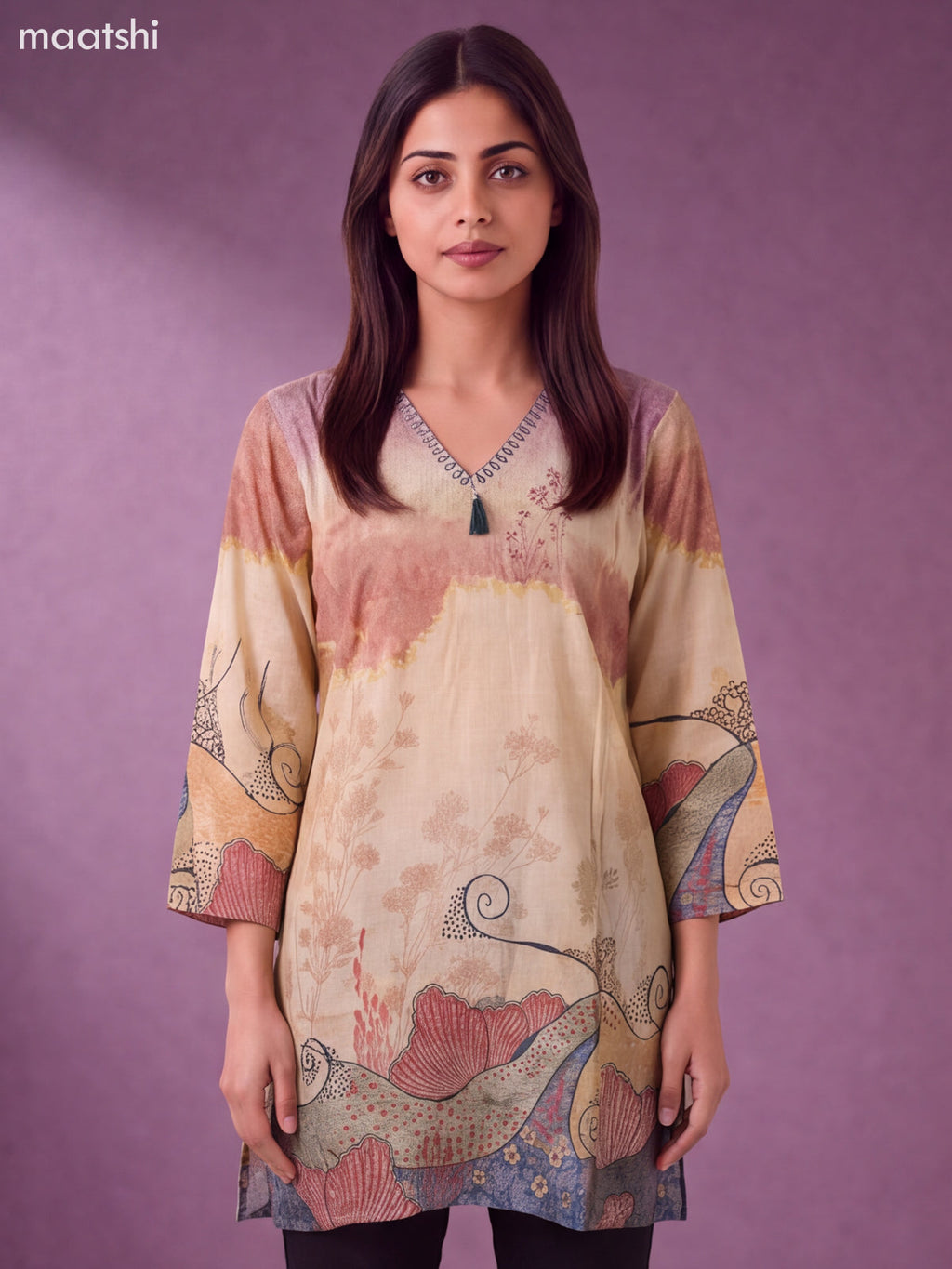 Cream Modal Printed & Embroidery Work Short Kurti