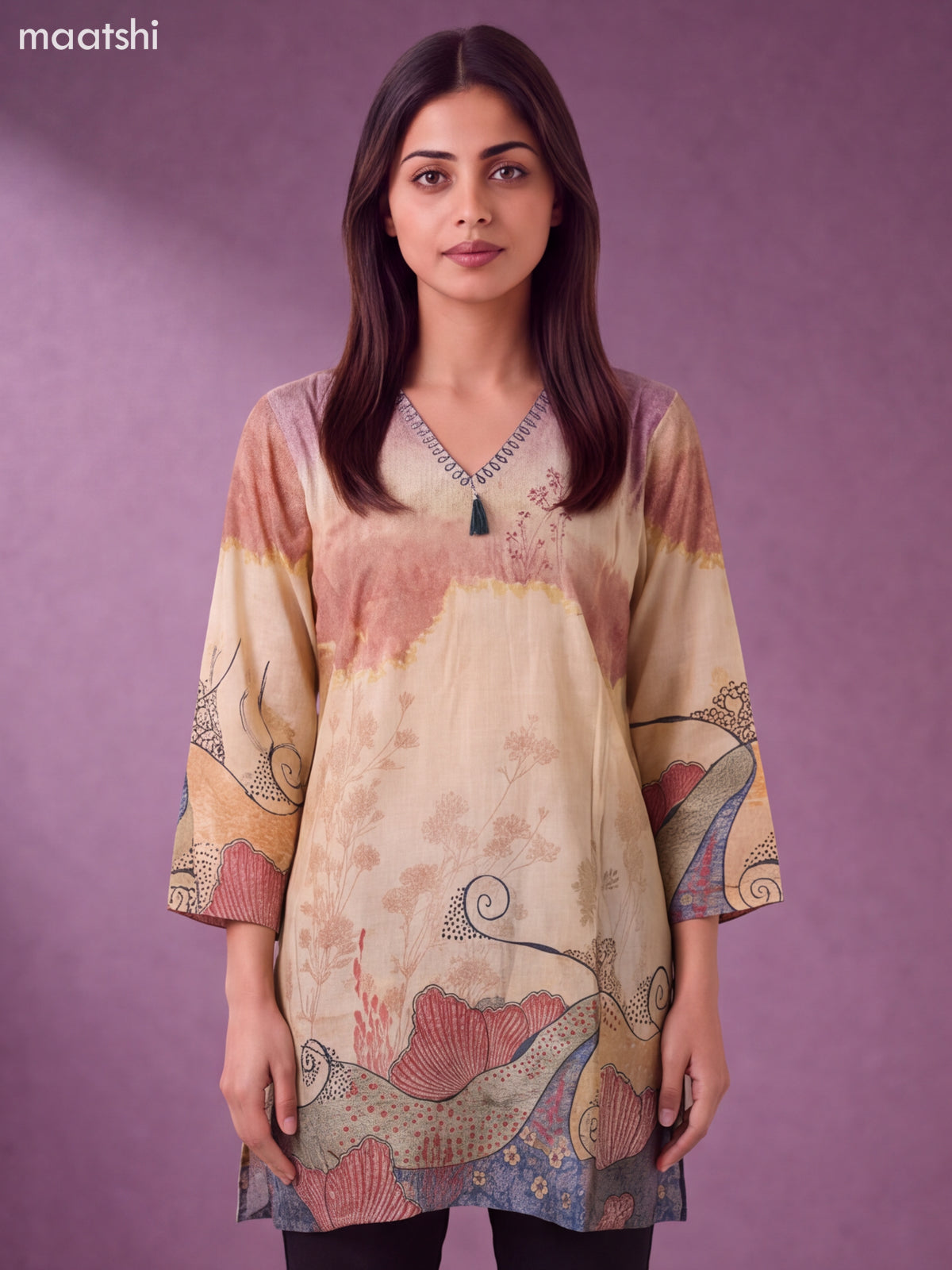 Cream Modal Printed & Embroidery Work Short Kurti