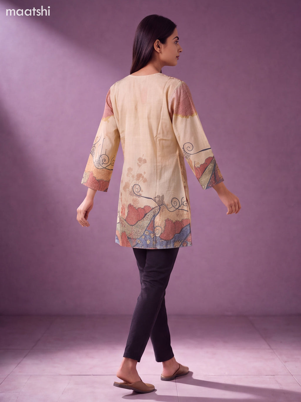 Cream Modal Printed & Embroidery Work Short Kurti