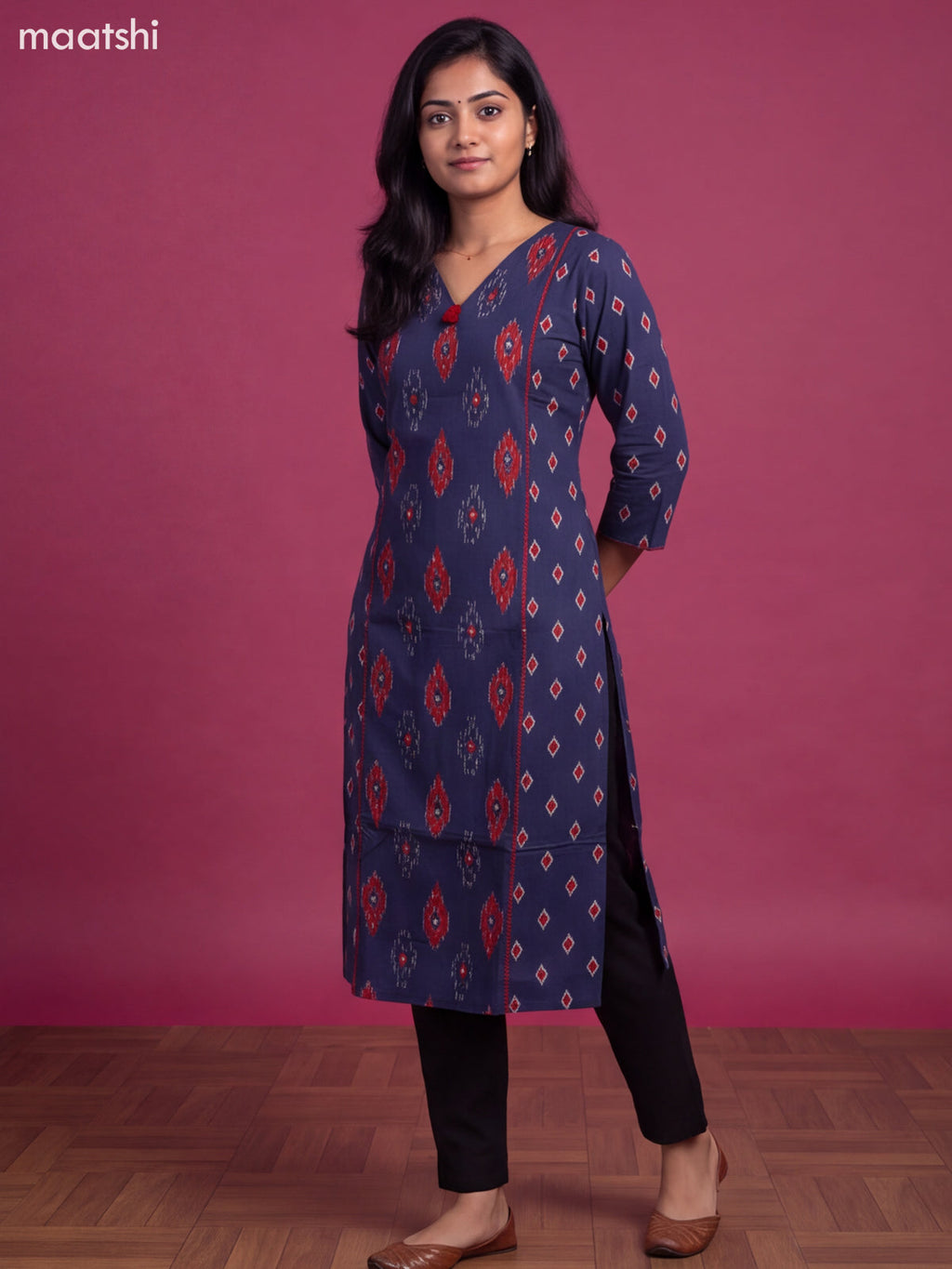 Blue Cotton Printed Straight Kurti