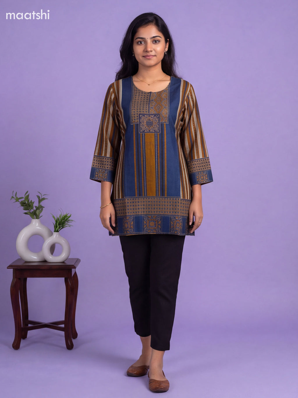 Navy Blue Modal Printed Short Kurti